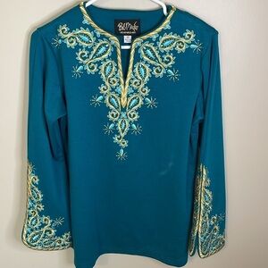 BOB MACKIE Teal EMBROIDERY FLORAL PAISLEY ART BOMBAY SHIRT TUNIC TOP  XS